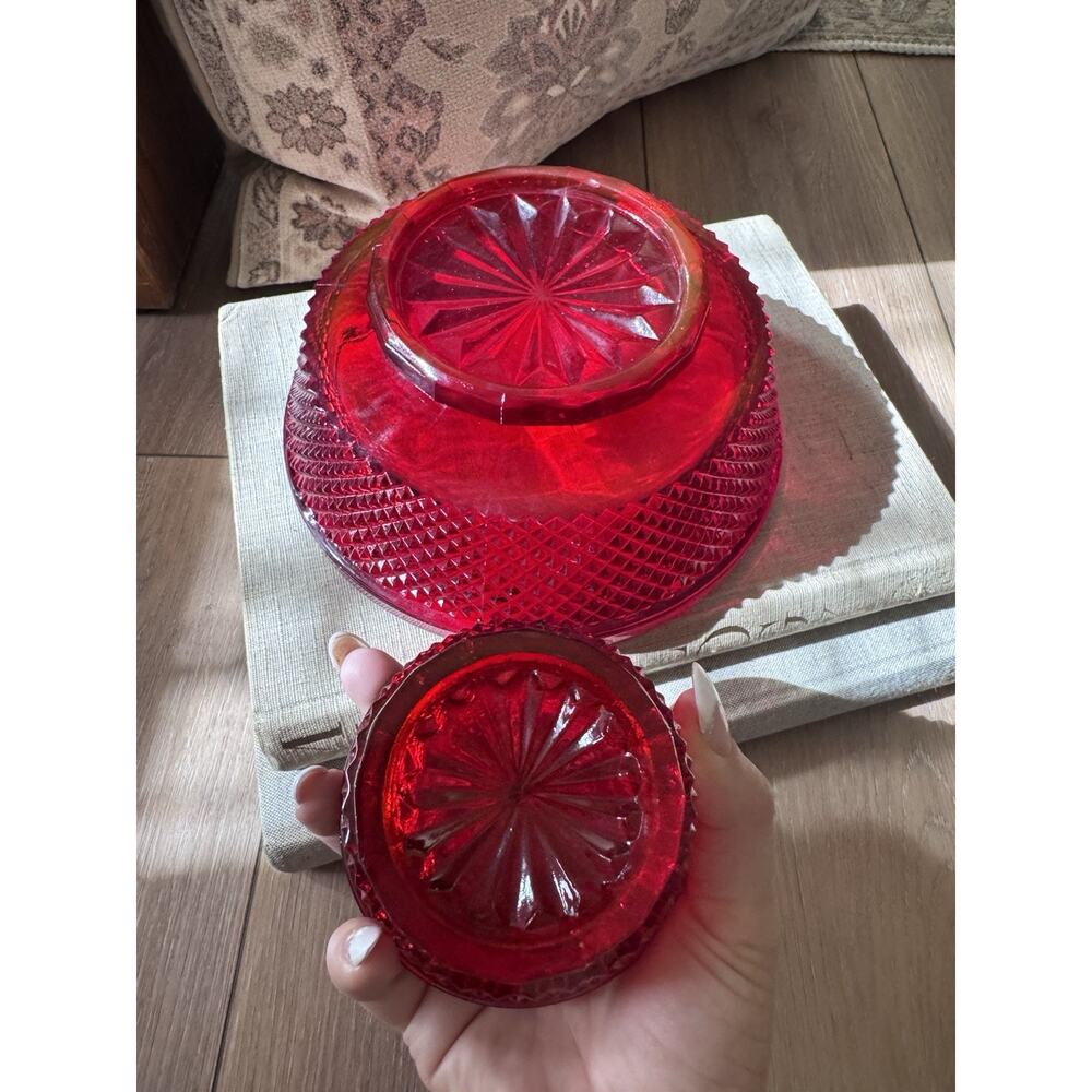 Vintage Estate European Ruby Red Art Glass Bowl Covered Dish Diamond Point Set - Picture 6 of 16